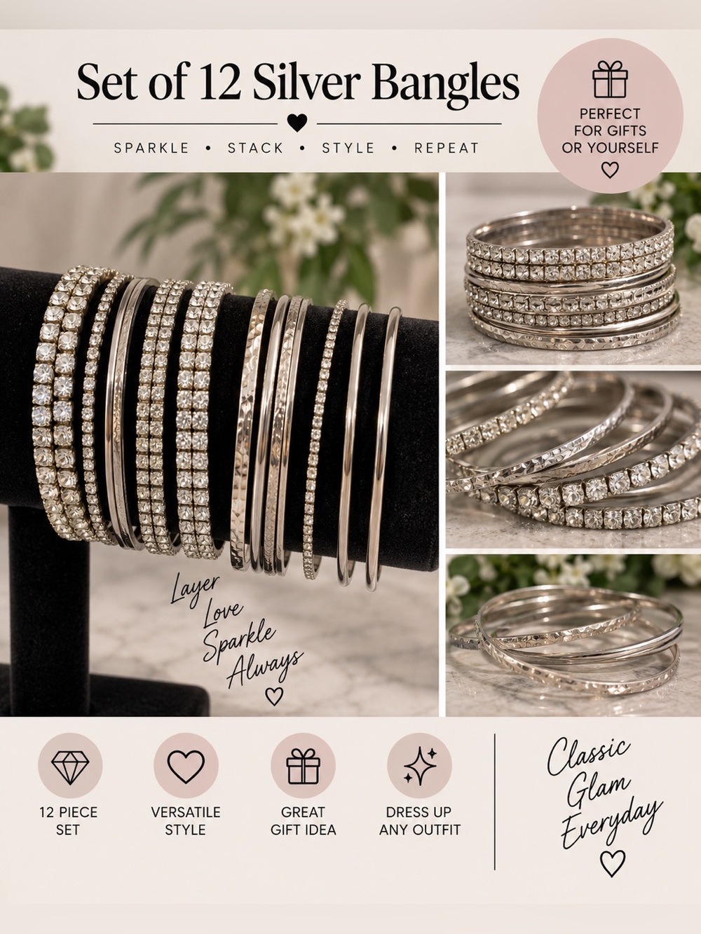 Set of 12 Silver Tone Bangles + Rhinestone Bracelets